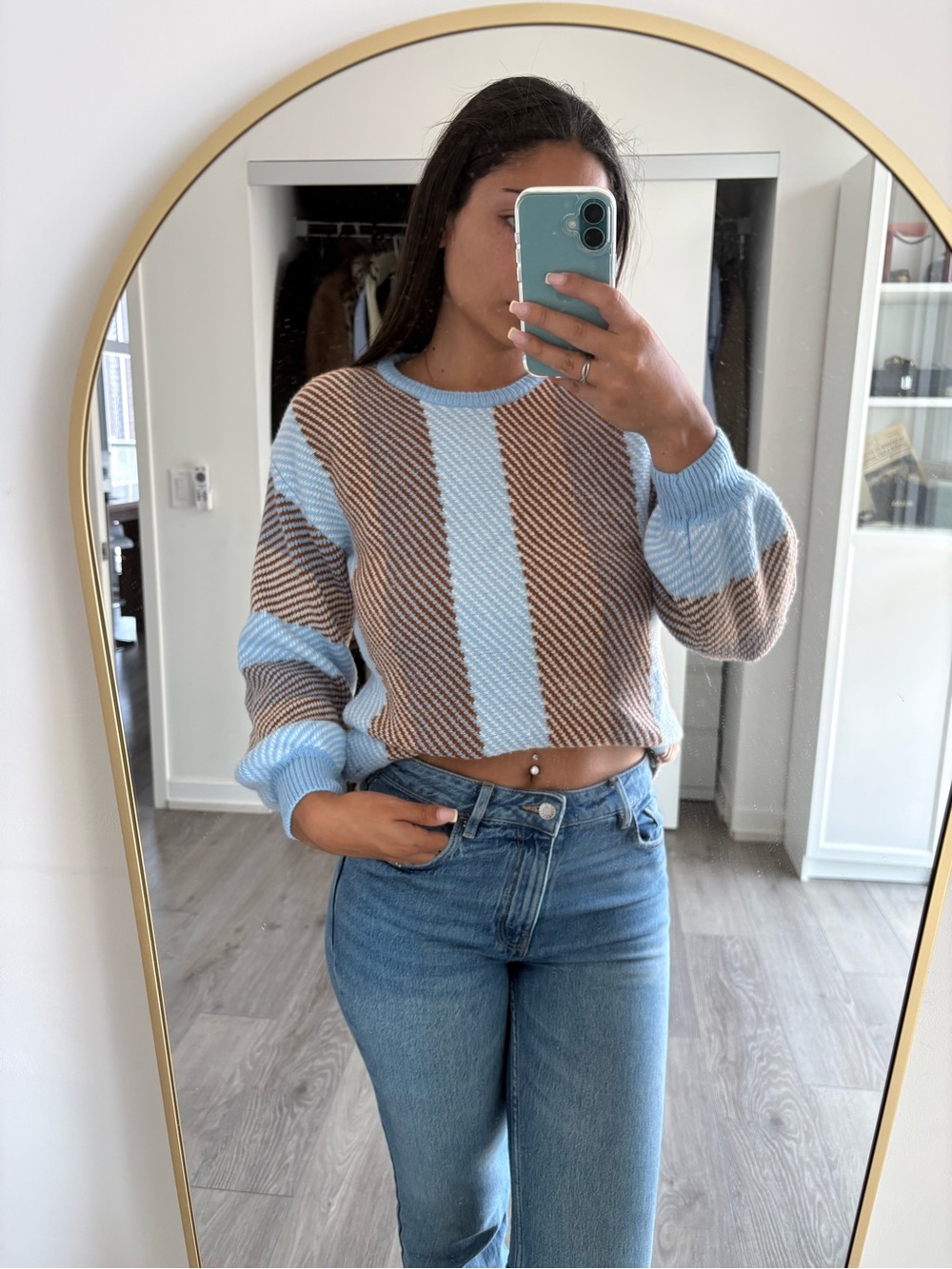 SHEIN Light Blue & Brown Striped Cropped Knit Sweater